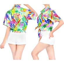 HAPPY BAY Vacay Hawaiian Shirts Womens Casual Summer Vacy Beach Aloha Party Blouse Shirt Dressy Blouses Short Sleeve Collared Vacation Tops Dress Shirts T Shirts For Women - 多彩多姿, 葉子 - 查看 3