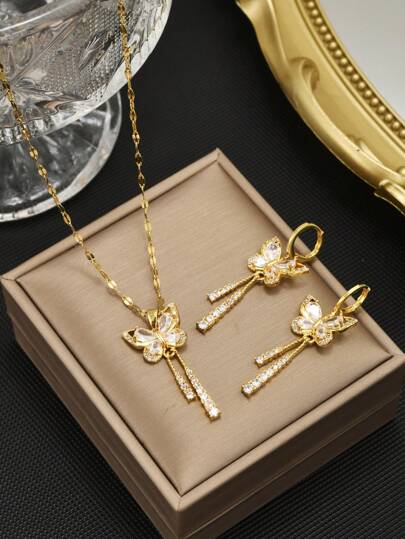 1 pieza Collar con colgante de mariposa de acero inoxidable con circonita cúbica y 1 pieza de aretes de lujo de mariposa con circonita cúbica para mujer