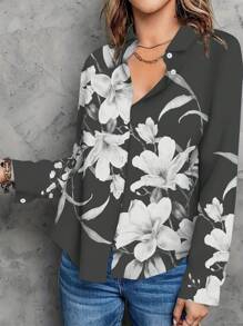 新款欧美时尚女式印花长袖衬衫，夏秋季 - 深灰色 - 查看 3