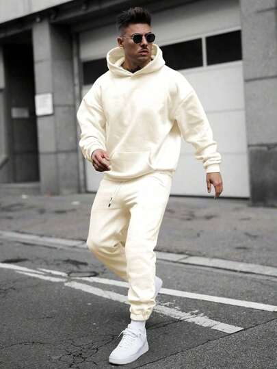 2pcs Men's Solid Color Hooded Sweatshirt And Sweatpants Set, Fall Clothes