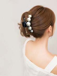 1 pieza Pinza de pelo negra con perla falsa blanca, accesorio para peinado de uso diario - Blanco y Negro - Ver 7