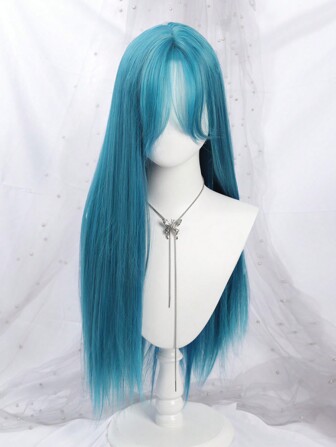 1 Piece Synthetic Heat-Resistant Straight Hair  28 Inch Long Straight Mint Blue Wig Middle Part Bangs Natural Looking Soft Heat Resistant Wigs For Party Daily Use