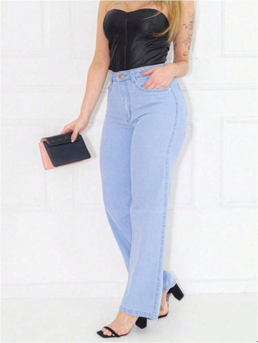 Women's Wide Leg High Waist Jeans - Rửa nhẹ - Xem 1