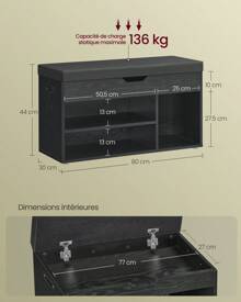 VASAGLE Banc à Chaussures Rembourré, Banc de Rangement, 3 Compartiments, Rangement Caché, Étagères, pour Salon, Entrée, Chambre, Capacité de Charge 150 kg - Noir - Voir 4
