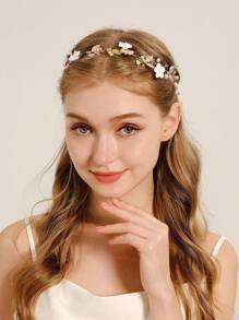 1 peça de tiara para cabelo de noiva com cristais, pérolas artificiais e flores. Acessório perfeito para casamento, festa e eventos noturnos. Ideal para damas de honra e floristas. Acessórios para o Dia dos Namorados. - Ouro - Ver 4