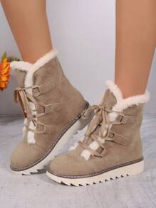 Botas femininas elegantes com forro térmico de cano médio, cadarço de cor sólida, salto plano, botas de inverno confortáveis