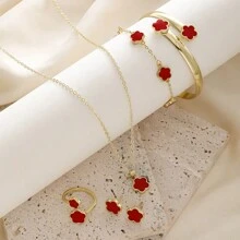 6 pezzi set di gioielli in lega a forma di foglie e quadrifogli per donne - bracciale, collana, orecchini a perno, ciondolo a fiore della fortuna