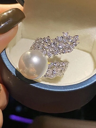 1 件浪漫方晶锆石和人造珍珠戒指，适合女士婚礼订婚派对珠宝情人节礼物情人节、妈妈、母亲、母亲节、礼物