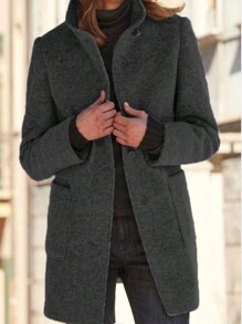 Abrigo Vintage de Mujer Color Sólido Cuello de Botón Chunky Tweed Coat - Negro - Ver 1