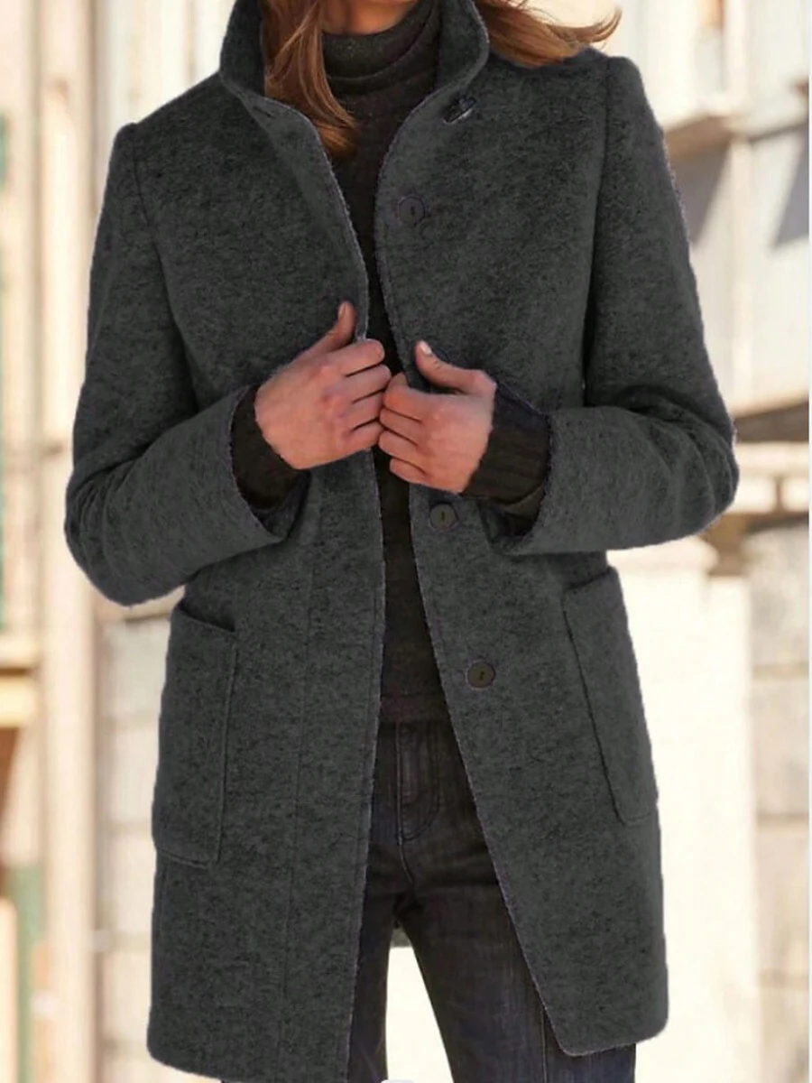 Abrigo Vintage de Mujer Color Sólido Cuello de Botón Chunky Tweed Coat - Negro - Ver 1