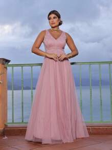 Women's Princess Long Dress With Straps Short Tank Top Solid Color Party Prom Fashion - 乾枯玫瑰色 - 查看 2