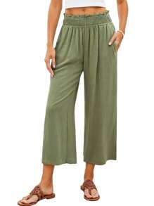 Women Capri Pants High Waisted Wide Leg Palazzo Trousers Pull On Elastic Smocked Waist Loose Pants - 綠色 - 查看 3