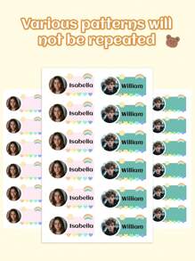 60pcs Custom Personalized Kids Fun Selfie Photo DIY Face Name ID Cartoon Nursery Vinyl Backpack Cute Themed Stickers Gift School Supply Students Lunchbox Label Classroom Stationery Tags Label Nam Waterproof, Seal, No-Iron, Reusable, Adhesive Exquisite, Cute, Adorable, Colorful Custom, Personalized, Unique Ideal Gifts For Him Her, Family, Friends, Son, Daughter, School Students, Kids For Anniversaries, For Children's Day, For Birthdays School, Home