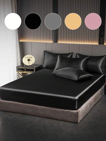 1pc Satin Fitted Sheet, Bedding, Fitted Sheet, Bed Cover, Silk Fitted Mattress Cover, Soft And Comfortable Bedding For Bedroom, For Queen King Twin Full Size Without Filler