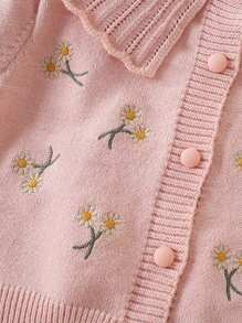 Young Girl Knitted Embroidery Floral Cardigan Sweater With Peter Pan Collar