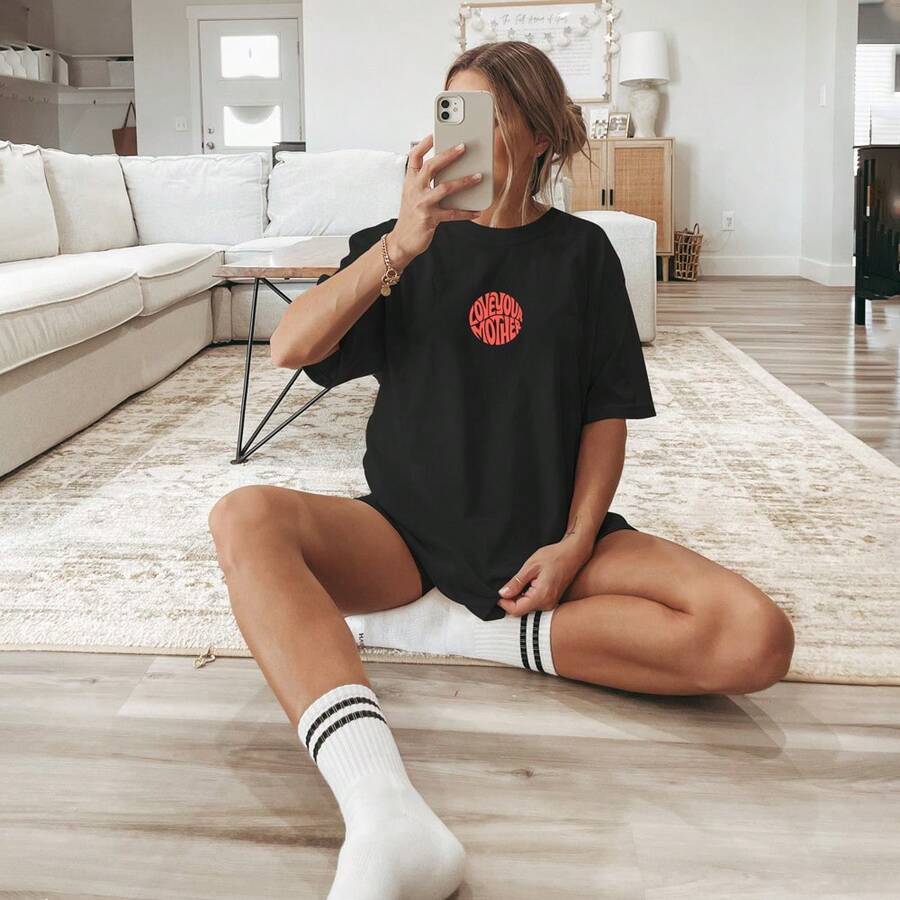 Women's Blouse T-Shirt Short Sleeve Printed Blouse Love Your - 黑色 - 查看 1