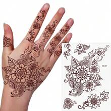 210X150MM 1 Sheets India Mehndi Design Brown Red Maroon Tattoo Stickers, Temporary Tattoos For Women, Waterproof Body Art Stickers, Hand Painted Henna Design, Long Lasting Fake Tattoos For Fingers And Back Of The Hand - 1pc Oblong Shape