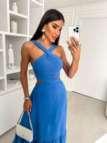 Elegant Wrap Dress With Lace-Up Padded Back For Summer Party - Blue - View 4