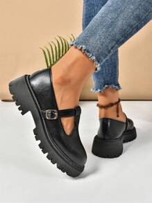 Women's Solid Color Fashion Slip-On Metal Buckle Decor Thick Sole Shoes, Classic Black Daily Wear Loafers, College Style