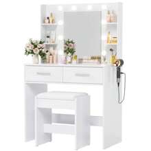 Furniwell Make Up Vanity Desk With Mirror And Power Outlet, Vanity With 3 Color Light Options Adjustable Brightness,Vanity Desk With 2 Drawers, 6 Storage Shelves With Bench