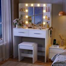 Furniwell Make Up Vanity Desk With Mirror And Power Outlet, Vanity With 3 Color Light Options Adjustable Brightness,Vanity Desk With 2 Drawers, 6 Storage Shelves With Bench