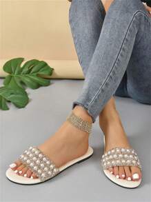 Sandalias planas de perlas brillantes para mujer, con puntera abierta, Mujer Sandalias planas cómodo,con diamantes de imitación, - Blanco - Ver 5