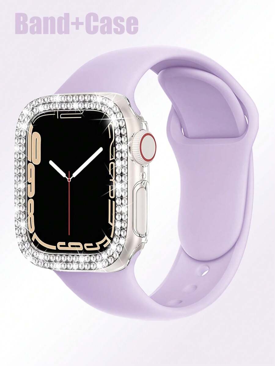 Compatible With Apple Watch Bands And Cases Of 38mm, 40mm, 41mm, 42mm, 44mm, 45mm, 46mm, And 49mm. Features A Soft, Sporty, And Casual Silicone Band With A Double-Row Rhinestone-Encrusted, Shock-Proof, And Scratch-Resistant Hard PC Perforated Protective Case. Compatible With Apple Watch Ultra/11/10/9/8/7/6/5/4/3/SE Women's Fashion Bands And Cases. Easy To Wear And With Sensitive Touch Controls! - Purple Strap + Transparent Case - View 1