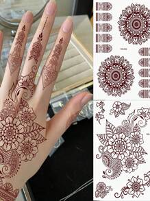 210X150MM 1 Sheets India Mehndi Design Brown Red Maroon Tattoo Stickers, Temporary Tattoos For Women, Waterproof Body Art Stickers, Hand Painted Henna Design, Long Lasting Fake Tattoos For Fingers And Back Of The Hand - 1pc Oblong Shape