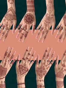 210X150MM 1 Sheets India Mehndi Design Brown Red Maroon Tattoo Stickers, Temporary Tattoos For Women, Waterproof Body Art Stickers, Hand Painted Henna Design, Long Lasting Fake Tattoos For Fingers And Back Of The Hand - 1pc Oblong Shape