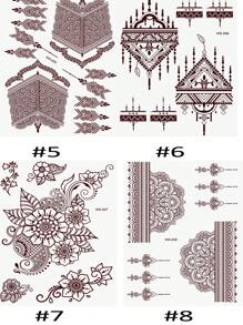 210X150MM 1 Sheets India Mehndi Design Brown Red Maroon Tattoo Stickers, Temporary Tattoos For Women, Waterproof Body Art Stickers, Hand Painted Henna Design, Long Lasting Fake Tattoos For Fingers And Back Of The Hand - 1pc Oblong Shape