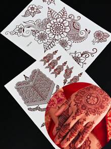 210X150MM 1 Sheets India Mehndi Design Brown Red Maroon Tattoo Stickers, Temporary Tattoos For Women, Waterproof Body Art Stickers, Hand Painted Henna Design, Long Lasting Fake Tattoos For Fingers And Back Of The Hand - 1pc Oblong Shape
