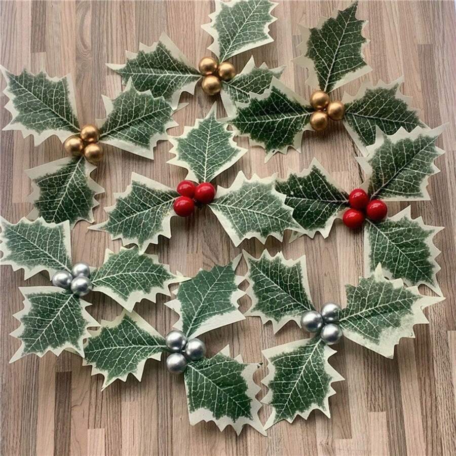 3件装仿真圣诞三角形三叉戟圣诞叶小红果浆果树枝插件DIY礼盒装饰配件 - 彩色 - 查看 1