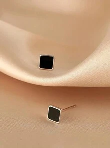 S999 Pure Silver Square Earrings For Women, Black Oil Drop Compact And Delicate Design, Hypoallergenic Suitable For Daily Wear