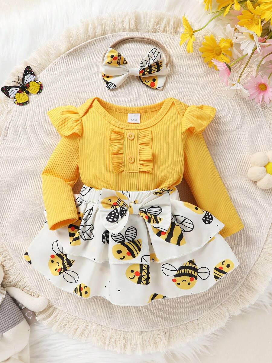 2 piezas/set Elegante y dulce recién nacido niña bebé mariposa estampada volantes volantes vestido y diadema conjunto, para uso casual diario, fiesta de vacaciones - Multicolor - Ver 1