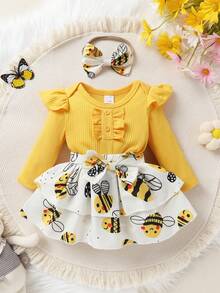 2 piezas/set Elegante y dulce recién nacido niña bebé mariposa estampada volantes volantes vestido y diadema conjunto, para uso casual diario, fiesta de vacaciones - Multicolor - Ver 3