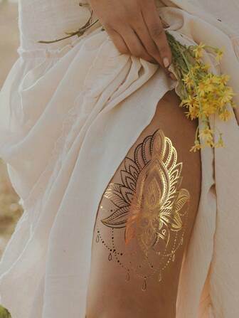 2 张金色金属临时纹身贴纸，波西米亚 3D 闪光防水贴纸假金色纹身贴纸，适合女性女孩身体彩妆，适合音乐节