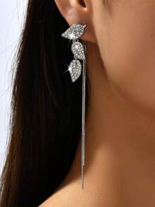 1 件银色优雅水晶装饰叶子设计长流苏吊坠耳环，时尚百搭新娘/婚礼/派对珠宝礼物，适合女性万圣节 - 銀色 - 查看 10