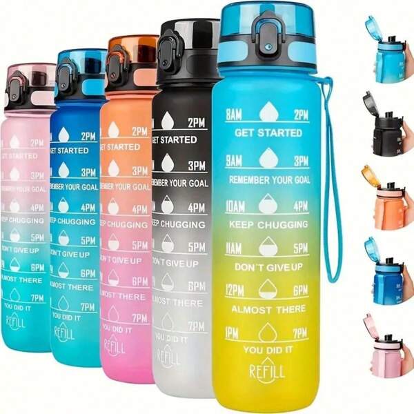 1pc 32oz (Approx. 1000ml) Outdoor Sports Plastic Straw Cup, Colored Water Bottle With Time Scale, Portable Carrying Strap, Suitable For Running, Outdoor Activities, Cycling
