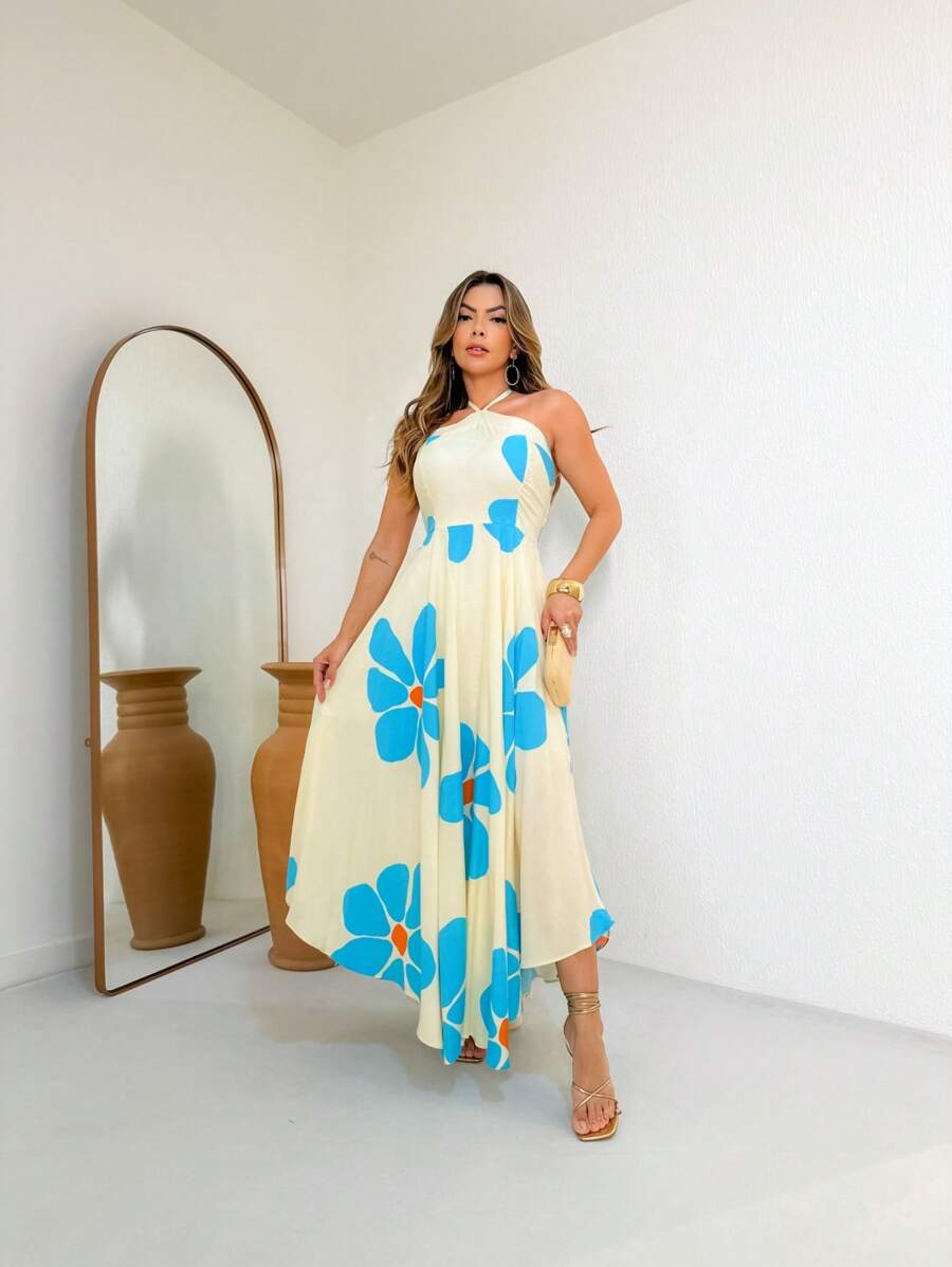 Women's Floral Print Dress With Elastic Back - 淺藍色 - 查看 1