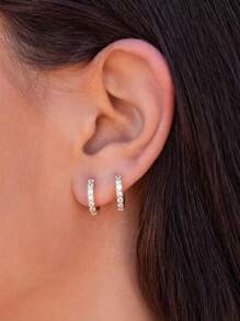 1對韓式簡約優雅單排方晶鋯石純銀耳環,時尚精緻的耳環,獨特的設計感 - 金色 - 查看 2