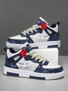 Men's Contrast Color Graffiti Random Print High-Top Casual Sports Shoes, Fashion Letter Patchwork Street Skateboard Shoes, Couple Sneakers