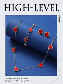 Juego de joyería de 4 piezas de acero inoxidable con flor de 5 pétalos: 1 collar + 1 pulsera + 2 aretes, accesorios de moda elegantes para mujeres, San Valentín, mamá, madre, Día de la Madre, regalo