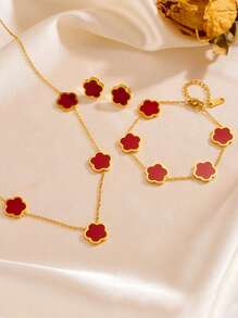 Juego de joyería de 4 piezas de acero inoxidable con flor de 5 pétalos: 1 collar + 1 pulsera + 2 aretes, accesorios de moda elegantes para mujeres, San Valentín, mamá, madre, Día de la Madre, regalo