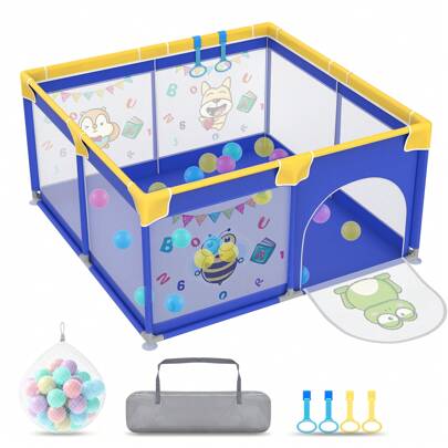  Froadp Baby Playpen 127x127cm/150x180cm/180x200cm Baby Playpen With 50 Play Balls, 1 Activity Grid And 4 Pull Rings Portable Small Playpen For Children, Blue Animals/Grey Spacer