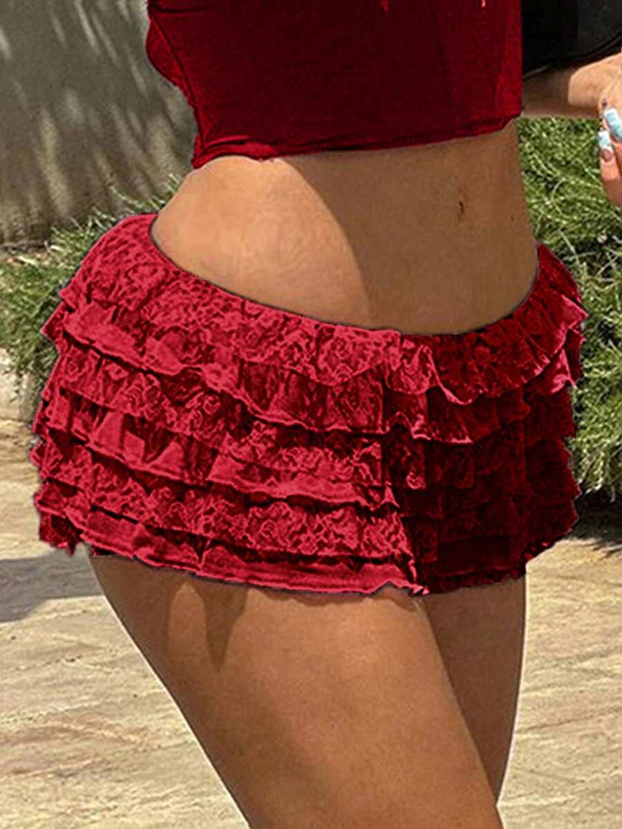 Spring-Summer Low Waist Multi-Layer Lace Spliced Chiffon Ruffle Hem Ultra Short Shorts For Valentine Day
