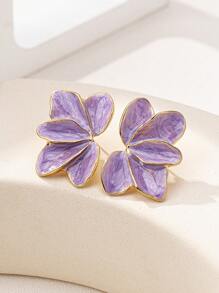 1 Pair Metal Floral & Leaf Drop Earrings - Purple - View 4