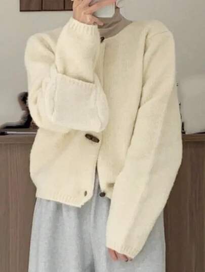 全新纯色可爱爪扣秋冬长袖休闲女式开衫