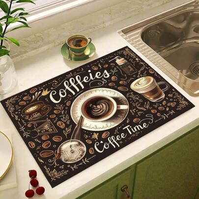 1 件咖啡豆印花碗碟干燥垫，新型吸水厨房台面干燥垫，厨柜用柔软硅胶防滑速干垫，适用于咖啡机、浓缩咖啡机等。