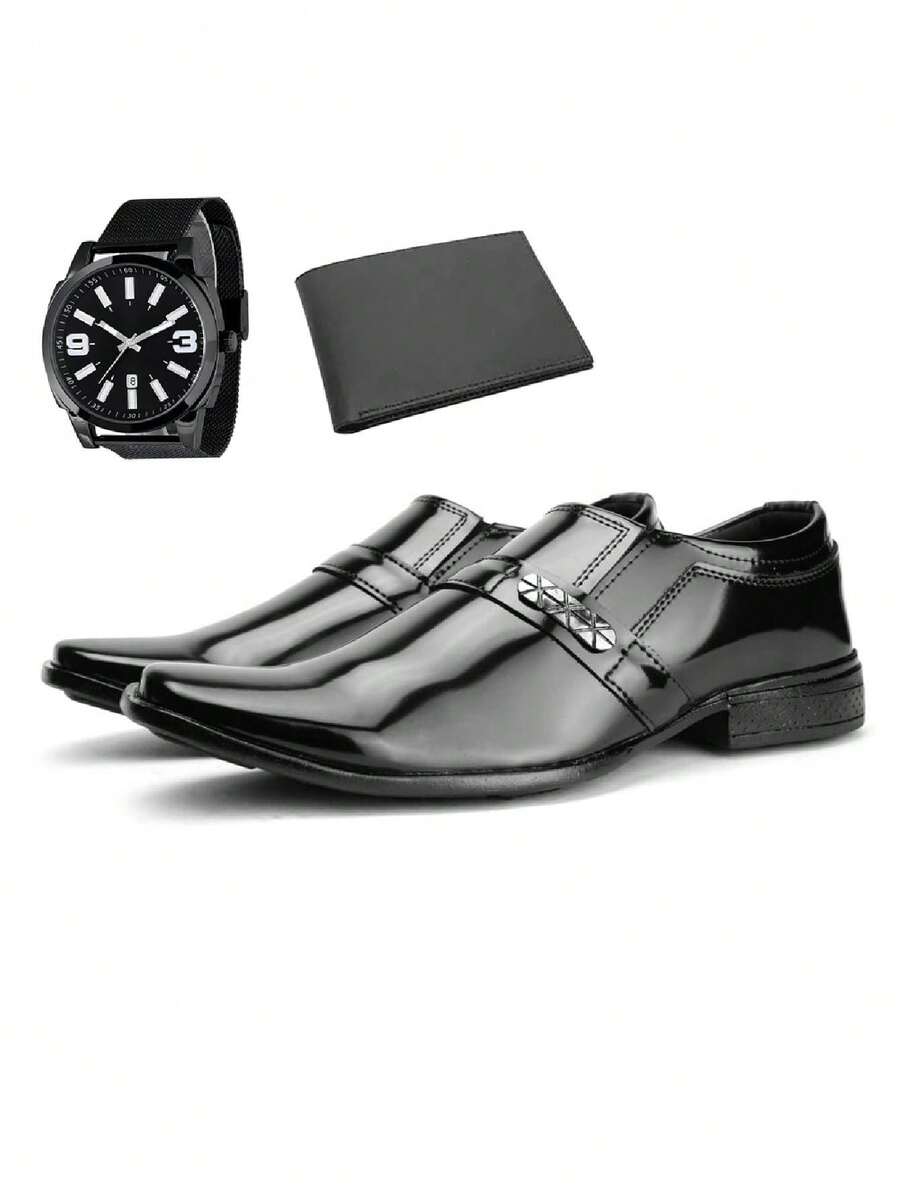 Men's Casual Dress Shoes Modern With Tie Shiny Patent Leather Comfortable Square Toe Soft New Arrival - màu đen - Xem 1