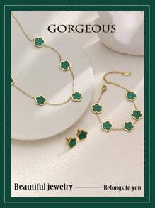 Juego de joyería de 4 piezas de acero inoxidable con flor de 5 pétalos: 1 collar + 1 pulsera + 2 aretes, accesorios de moda elegantes para mujeres, San Valentín, mamá, madre, Día de la Madre, regalo